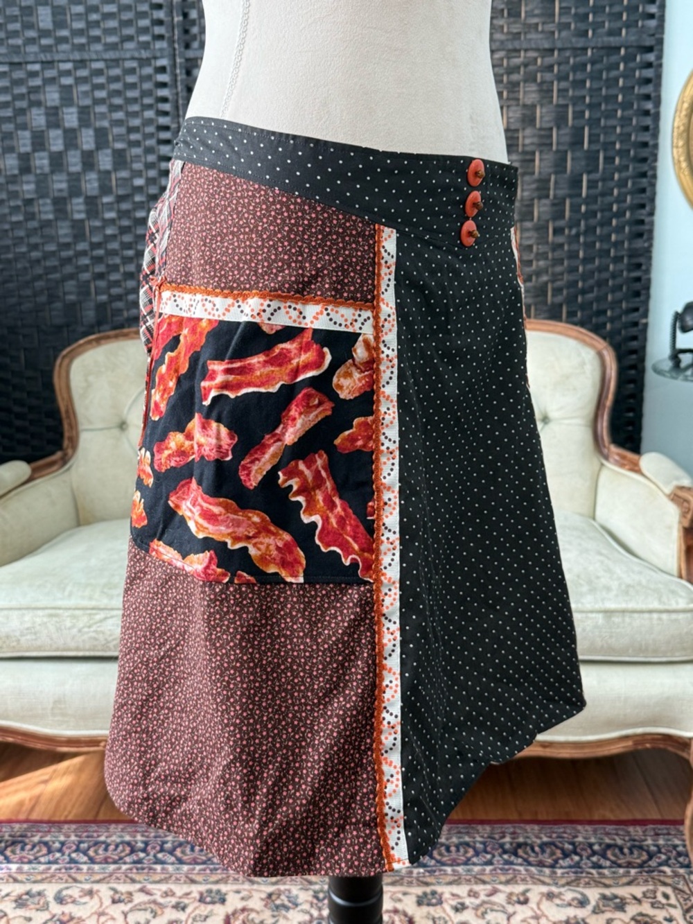 🥓 Bacon Handmade Patchwork Apron Skirt Pockets Tie-On Lined Retro Kitchencore 🥓 - Picture 2 of 8